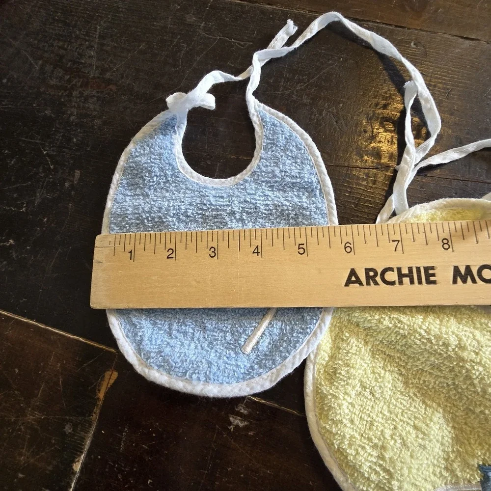 Vintage 80s PAIR Baby Bibs Terry Cloth Front Plastic Back Hammer Embroidery Ties
